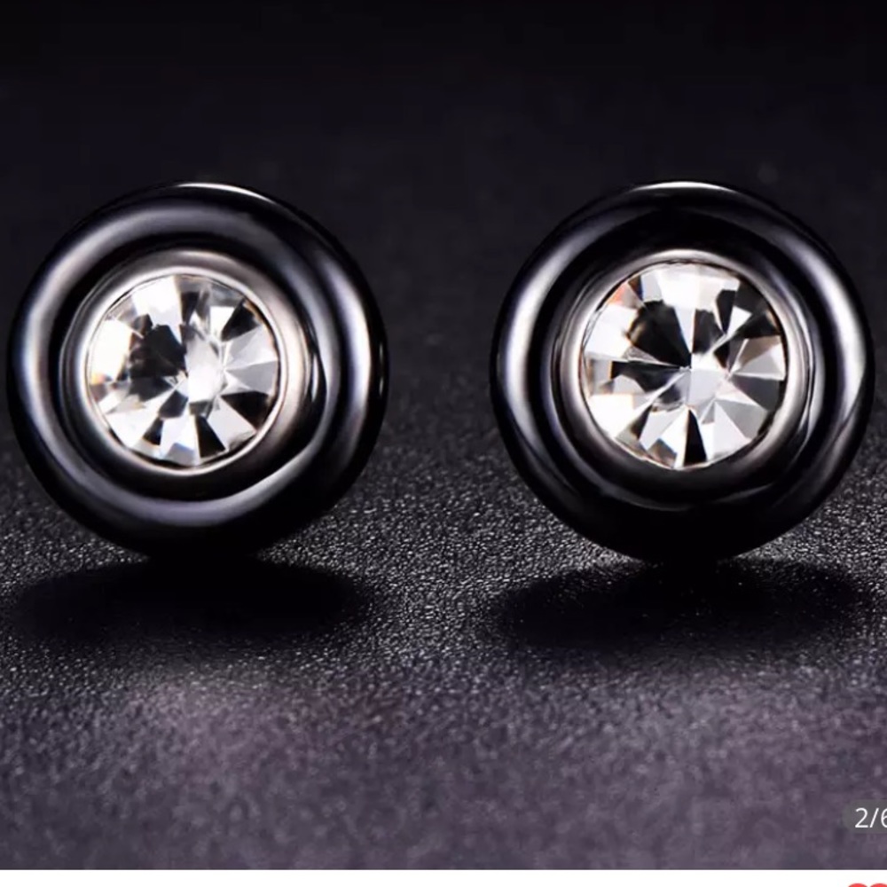 NWT Black Enamel & White Sapphire Studs Earrings - Picture 2 of 4